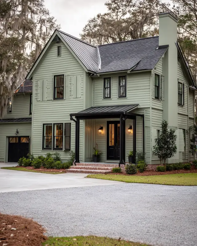 A sleek modern sage green house with black trim and a durable, standing-seam black metal roof under a clear sky.