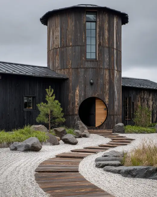 A unique silo home featuring a weathered patina exterior, charred wood accents, and a striking circular front door.