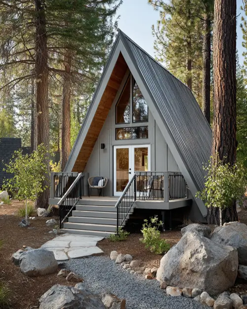 Tiny A-Frame Cabins: 31 Inspiring Ideas for Your Dream Retreat 5 A modern small a-frame house with a gray metal roof and a stone pathway leading to its front porch.