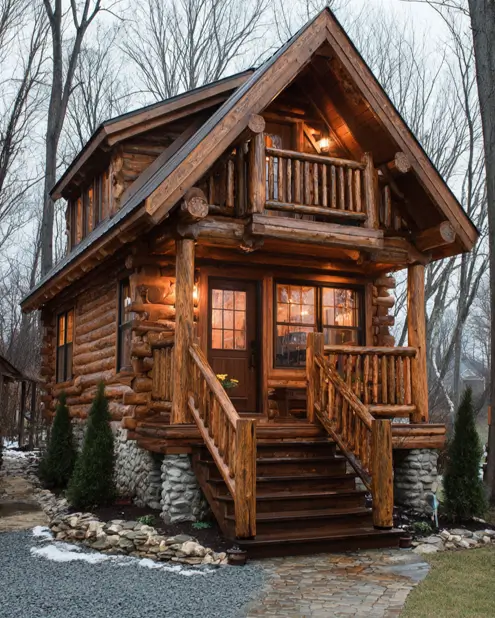 A two-story tiny log home elevated on a natural stone foundation, surrounded by bare trees in late autumn.
