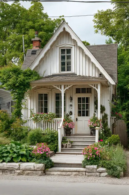 36 Tiny House Design Ideas + An Expert Interior Guide for 2025 5 A Victorian-inspired tiny home exterior with vertical white siding and a covered front porch.