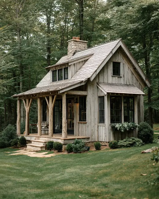 55 Tiny Cabin Ideas: The Ultimate Guide to Exterior & Interior Design 4 A rustic tiny cabin home showcasing weathered wood siding, a fieldstone chimney, and a charming log porch on a manicured lawn.