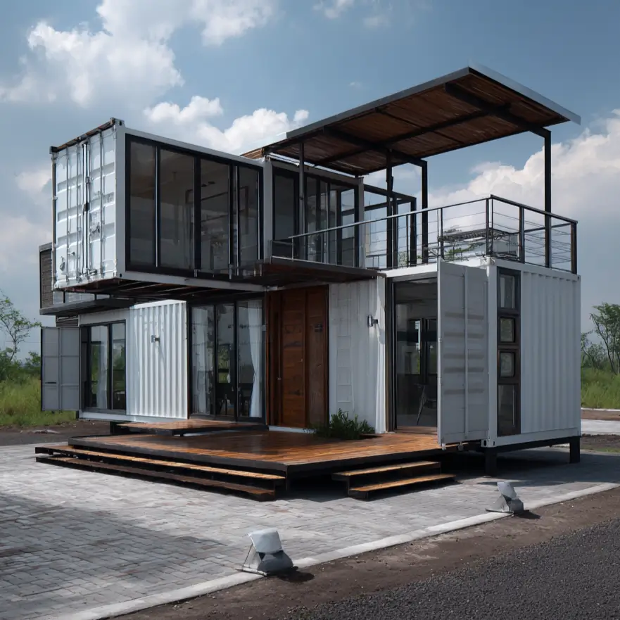 A modern white shipping container home with a staggered design, large windows, and an expansive second-floor rooftop terrace covered by a wooden pergola.