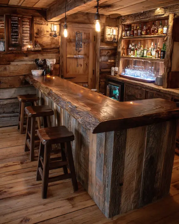 A cozy bar log cabin with a polished live-edge counter and backlighting for the glassware on the shelves.