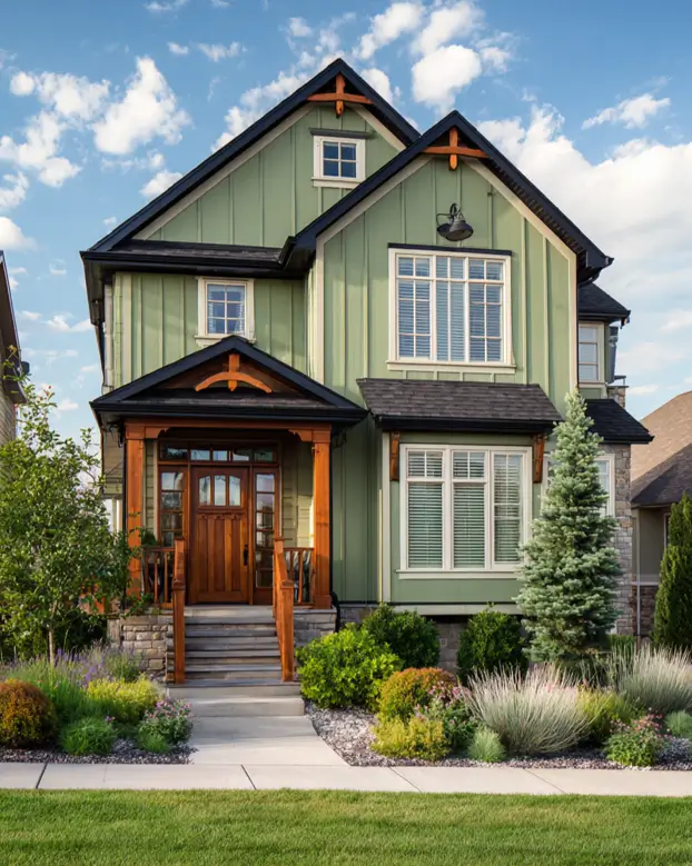 A craftsman-style sage green house exterior showing how warm wood accents on the porch and gables add rustic character.