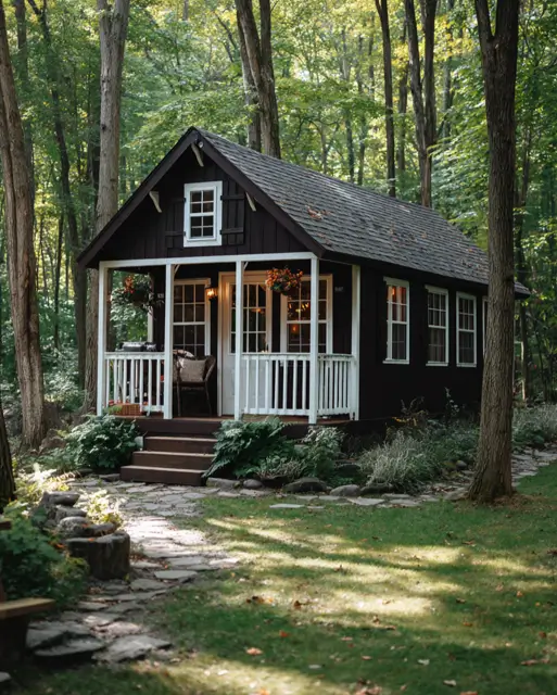 55 Tiny Cabin Ideas: The Ultimate Guide to Exterior & Interior Design 22 A dark brown tiny cabin home with a high-contrast white porch railing and trim, accented by hanging flower baskets in a sun-dappled forest.
