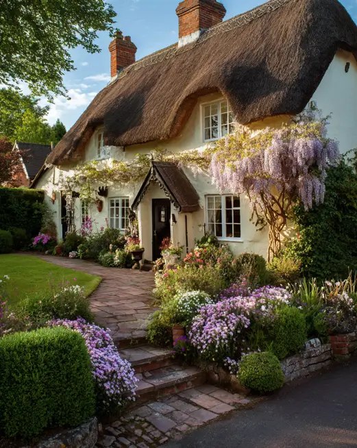 An idyllic english cottage with a mature purple wisteria vine in full bloom, cascading down the front wall next to the entrance.