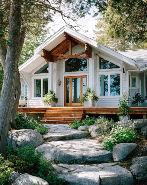 36 Modern Cottage Exterior Ideas to Achieve Timeless Curb Appeal 23 A modern cottage house exterior nestled in a wooded setting, with a large exposed wood-beamed gable and a natural stone path leading to the deck.