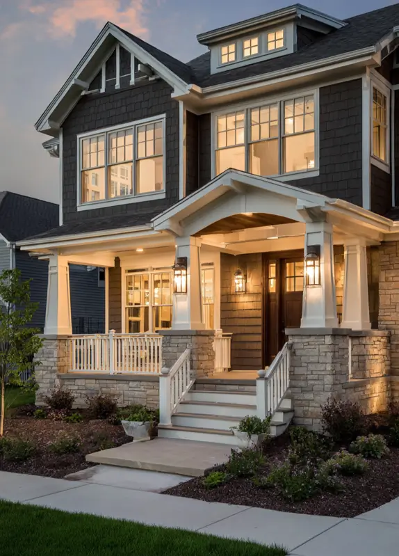 Modern craftsman house at dusk with its welcoming front porch warmly lit, highlighting tapered columns on stone piers and dark gray shingle siding.