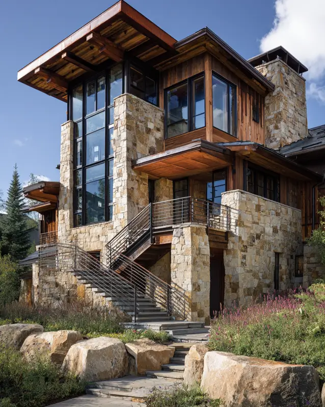 A multi-level modern mountain home made of stone and wood, with a prominent glass tower and external staircase.
