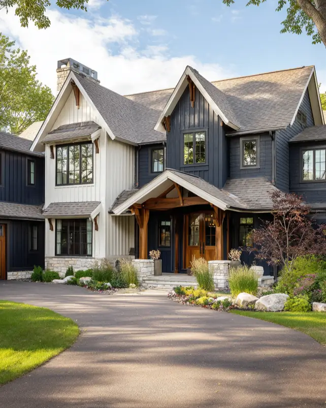 A visually dynamic suburban house exterior using a mix of materials, with light-colored vertical siding sectioned against dark horizontal planks for a custom look.
