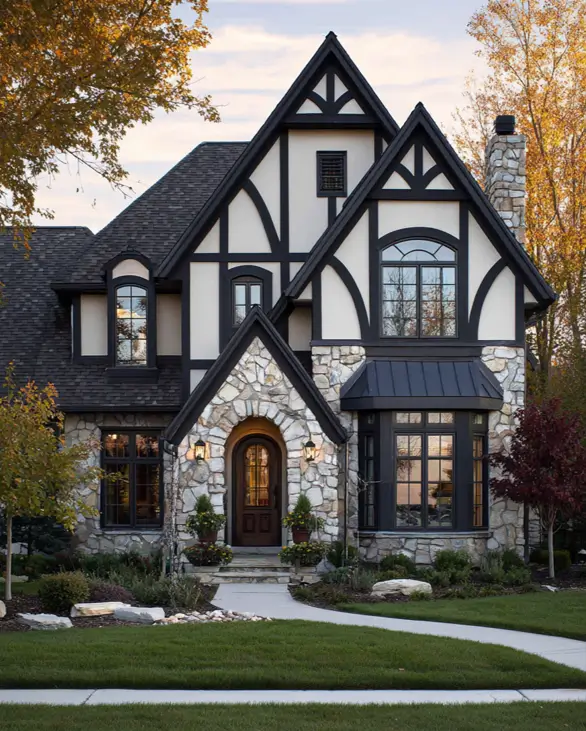 A grand modern Tudor-style house with a light fieldstone exterior on the lower level and dramatic black half-timbering on the upper gables.