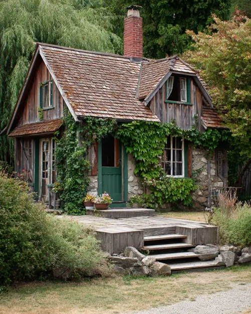 A rustic stone and wood cottage with climbing ivy and a green door, offering a charming small home exterior idea.
