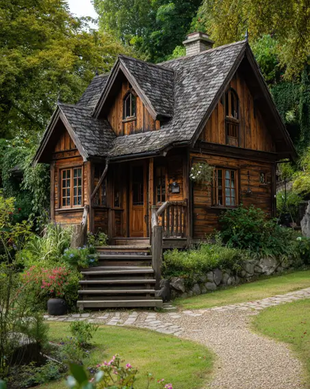 36 Tiny House Design Ideas + An Expert Interior Guide for 2025 23 A rustic wood tiny home exterior with multiple gables, nestled in a lush garden.