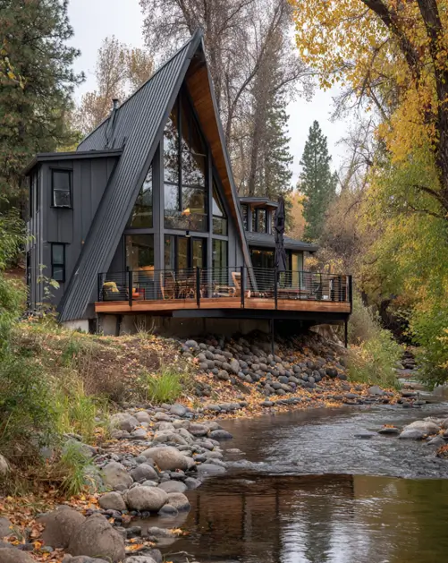 Tiny A-Frame Cabins: 31 Inspiring Ideas for Your Dream Retreat 23 A modern small a-frame house built on a serene riverbank with an elevated deck overlooking the water.