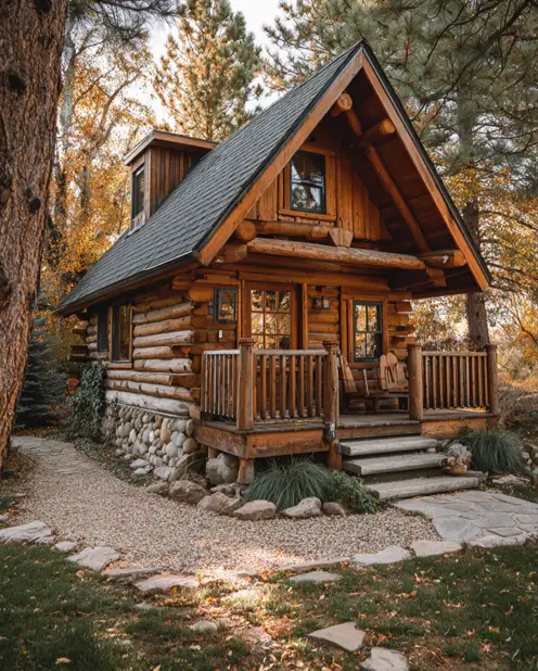 A beautiful two-story tiny log home with a dormer and a wraparound porch, surrounded by trees in autumn.