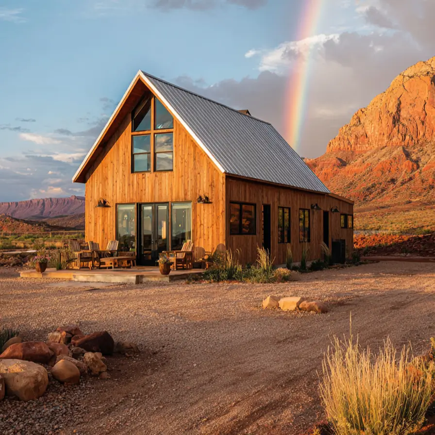 A wooden A-frame barndominium with large windows, set in a desert landscape with a vibrant rainbow overhead.