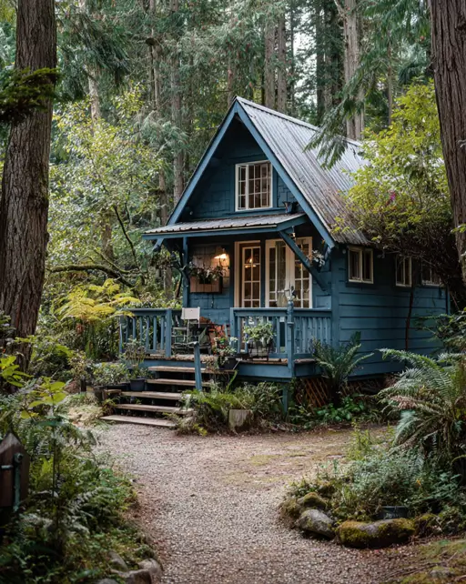 55 Tiny Cabin Ideas: The Ultimate Guide to Exterior & Interior Design 23 A unique small cabin design idea painted a tranquil blue-gray with white trim, featuring a cozy porch surrounded by lush ferns.