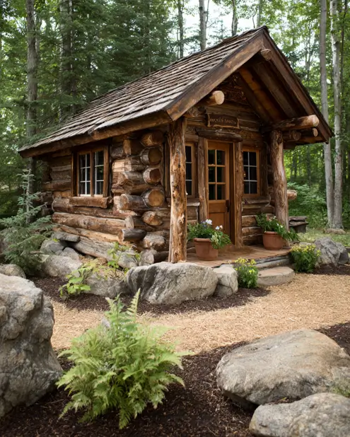 A very compact and rustic tiny log cabin with a wood shake roof, nestled among large boulders in a forest setting.