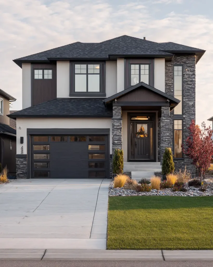 A moody and contemporary cream and black house exterior that mixes light stucco with dark stone, siding, and a modern garage door.