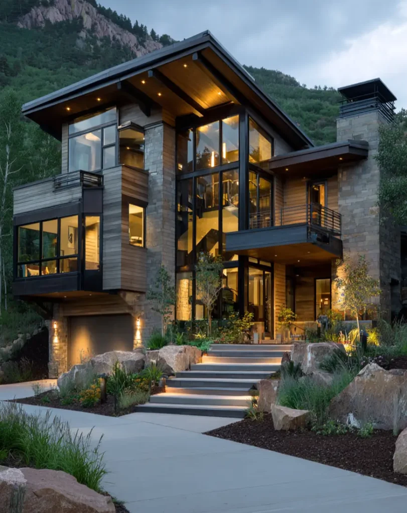 A luxury modern mountain home at dusk with a mix of stone, wood, and glass, featuring illuminated stairs and a mountain backdrop.