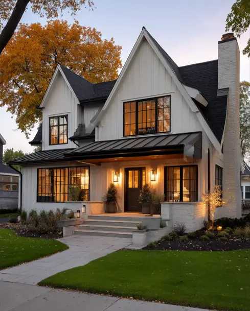36 Modern Cottage Exterior Ideas to Achieve Timeless Curb Appeal 24 A modern cottage house exterior at dusk, showcasing a large, multi-level front porch with broad steps and a light brick foundation.