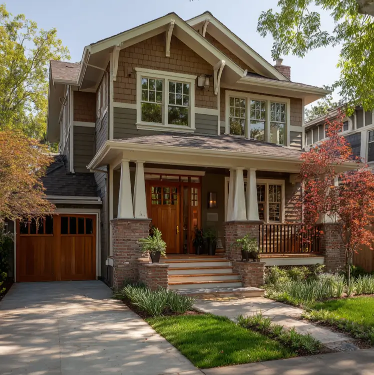 Modern craftsman style house with earthy olive siding, a full front porch supported by red brick piers, and a warm wood garage door.