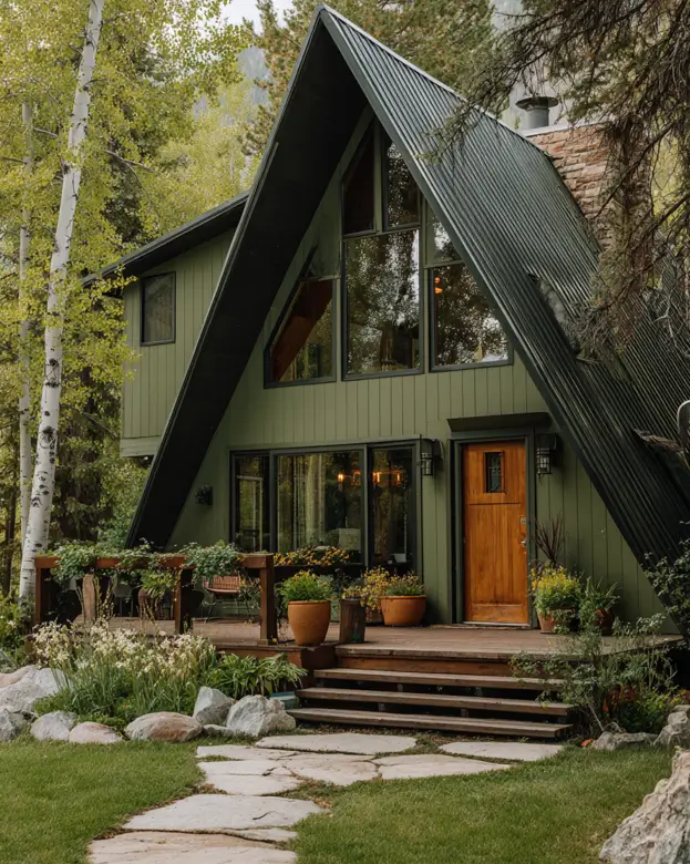 A modern olive green A-frame cabin with a metal roof and wooden door, nestled in a forest of aspen trees.
