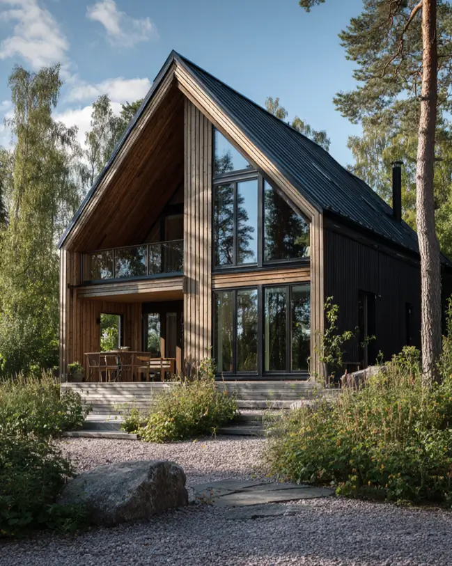 A modern Scandinavian house exterior with a sharp contrast between black siding and a recessed natural wood gable, with a patio and balcony.