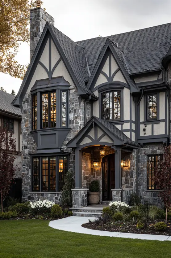 A modern Tudor house featuring a cool-toned stone facade and sophisticated dark charcoal trim.
