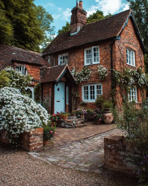 A classic red brick english cottage house design featuring a charming brick courtyard patio, a light blue door, and climbing white flowers.