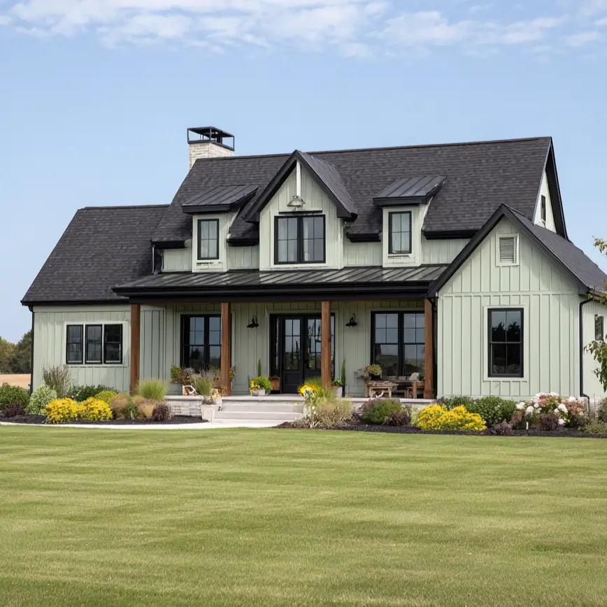 The welcoming front porch of a sage green farmhouse, where natural wood posts frame the entrance against black trim details.