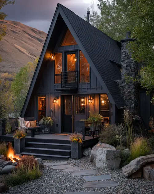 Tiny A-Frame Cabins: 31 Inspiring Ideas for Your Dream Retreat 24 A dark small a-frame house at dusk, featuring evening ambiance lighting and a cozy fire pit.