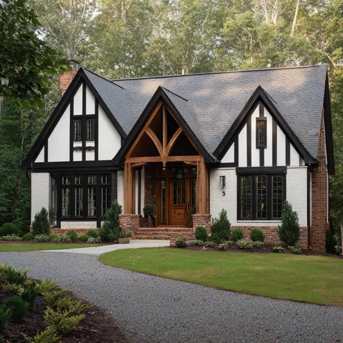 A small modern Tudor house blending styles, with white painted brick, black trim, and a prominent rustic oak timber-framed porch.