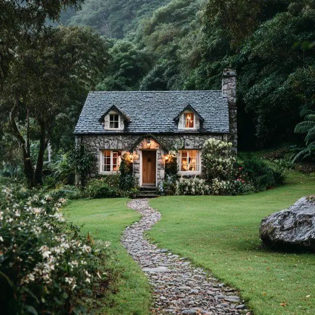 A small stone storybook cottage with glowing windows and a winding stone path, offering an enchanting exterior design idea.