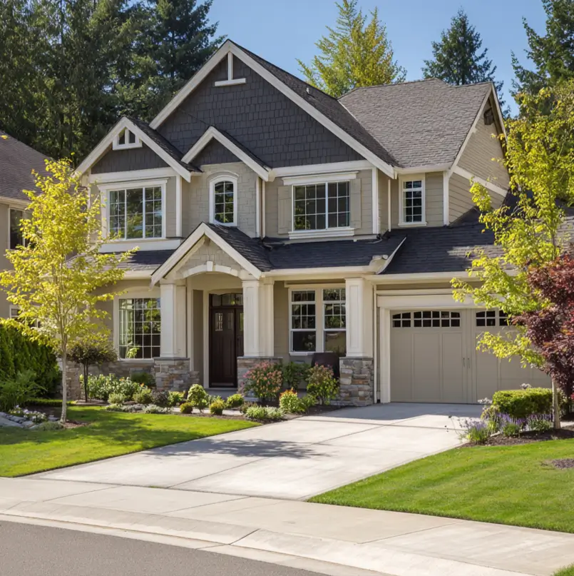 A two-story black and cream house exterior featuring greige siding, dark shingled gables, a stone base, and surrounding green landscaping.
