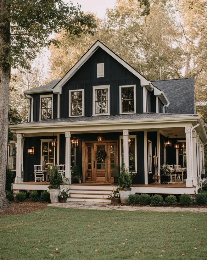 The warmly lit front porch of a black farmhouse exterior, creating an inviting glow at dusk.