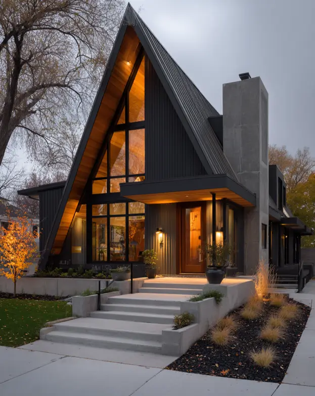 A contemporary A-frame house with a concrete chimney, dark siding, and warm wood accents, illuminated at dusk.