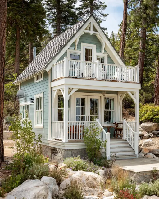 55 Tiny Cabin Ideas: The Ultimate Guide to Exterior & Interior Design 24 A cheerful cottage-style tiny cabin idea with soft sage-green siding, bright white railings, and a spacious second-story balcony for seating.