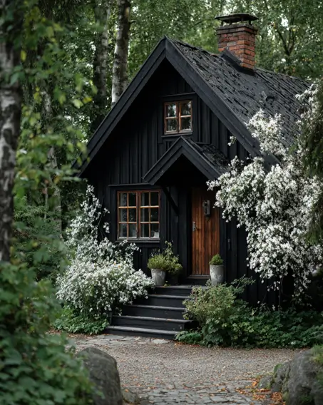 36 Tiny House Design Ideas + An Expert Interior Guide for 2025 25 A dark modern tiny cabin with a natural wood door nestled in a lush forest.