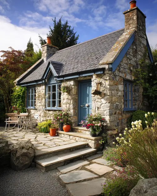 A small fieldstone cottage with striking blue trim and a matching door, featuring a stone patio for outdoor seating.