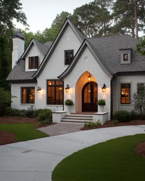 36 Modern Cottage Exterior Ideas to Achieve Timeless Curb Appeal 25 A charming modern cottage with a painted white brick exterior and a romantic, illuminated arched entryway flanked by traditional lanterns.