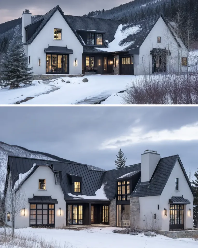 A modern European-style country house with white stucco walls and a dark roof, viewed from two different angles in a snowy setting.