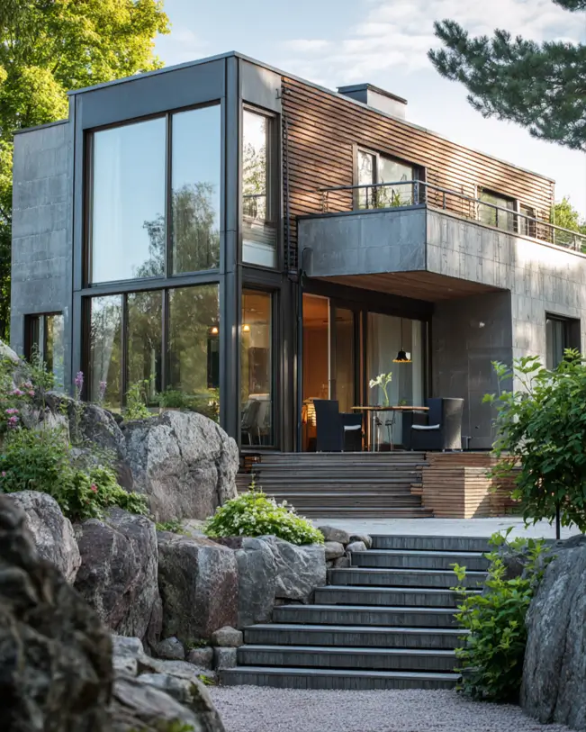 A modern Scandinavian exterior combining large gray stone panels and horizontal wood siding, nestled into a rocky garden landscape.