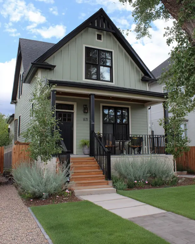 The front view of a sage green house exterior, where an elevated porch on a light stone foundation adds visual height.