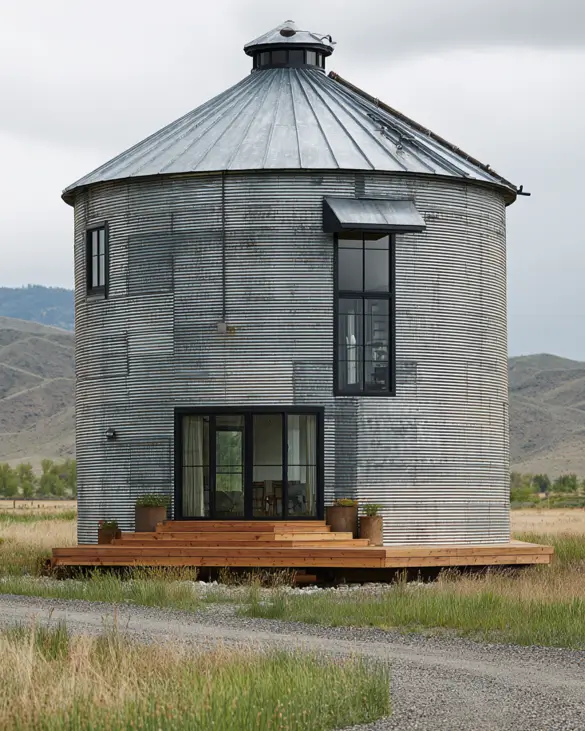 A classic grain silo cabin with modern black windows and a simple low-profile wooden deck in a grassy, open landscape.