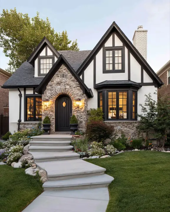 A beautifully balanced small Tudor-style house with a rustic fieldstone archway, sharp black half-timbering, and clean modern concrete steps.