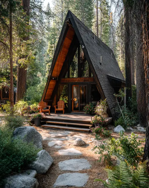 Tiny A-Frame Cabins: 31 Inspiring Ideas for Your Dream Retreat 25 A dark wood tiny a frame cabin with a sheltered entrance created by deep eaves.