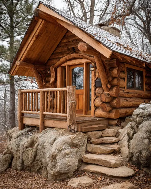 A tiny log cabin built into a large rock outcropping, with stone steps and a light dusting of snow in a winter forest.