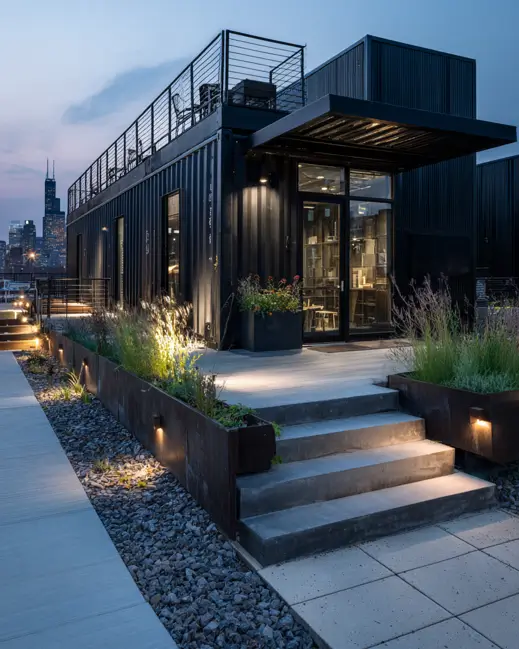 A modern black shipping container home at dusk with an illuminated rooftop deck and landscaped entrance, featuring a city skyline visible in the background.